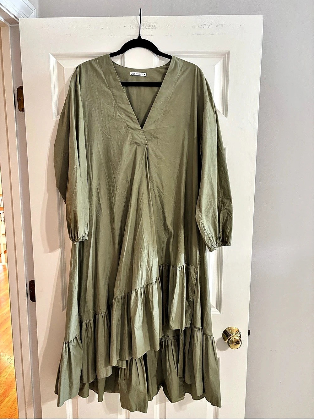 Zara Cotton Tiered Maxi Dress in Green Size Large